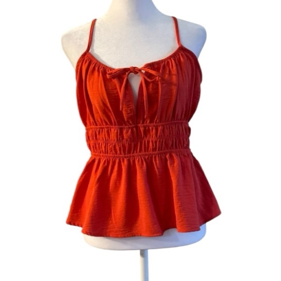Moneteau Los Angeles Red Peplum Top Size XL – Smocked Waist, Tie Front Cami - Picture 1 of 6